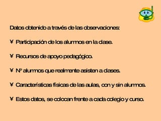 Datos obtenido a través de las observaciones: Participación de los alumnos en la clase. Recursos de apoyo pedagógico. Nº alumnos que realmente asisten a clases. Características físicas de las aulas, con y sin alumnos. Estos datos, se colocan frente a cada colegio y curso. 