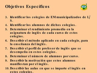 Objetivos Específicos Identificar los colegios de EM municipalizados de L/S. Identificar los alumnos de dichos colegios. Determinar el rendimiento promedio en la asignatura de inglés de cada curso de estos colegios. Describir el método aplicado en cada colegio, para la enseñanza del inglés. Describir el perfil de profesor de inglés que se desempeña en estos colegios. Determinar el número de alumnos por curso. Describir la motivación que estos alumnos manifiestan por el inglés. Describir las aulas en que se imparte el inglés en estos colegios. 