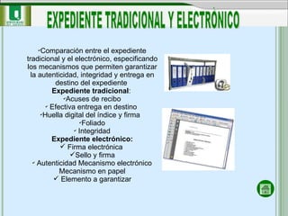 EXPEDIENTE TRADICIONAL Y ELECTRÒNICO Comparación entre el expediente tradicional y el electrónico, especificando los mecanismos que permiten garantizar la autenticidad, integridad y entrega en destino del expediente  Expediente tradicional :  Acuses de recibo Efectiva entrega en destino  Huella digital del índice y firma  Foliado Integridad Expediente electrónico: Firma electrónica  Sello y firma Autenticidad Mecanismo electrónico Mecanismo en papel Elemento a garantizar 