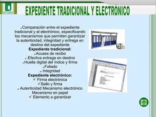 ✔  Comparación entre el expediente
tradicional y el electrónico, especificando
los mecanismos que permiten garantizar
  la autenticidad, integridad y entrega en
          destino del expediente
         Expediente tradicional:
             ✔Acuses de recibo

       ✔ Efectiva entrega en destino

      ✔Huella digital del índice y firma

                  ✔Foliado

                ✔ Integridad

         Expediente electrónico:
             Firma electrónica
               Sello y firma
   ✔ Autenticidad Mecanismo electrónico

            Mecanismo en papel
          Elemento a garantizar
 