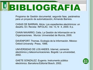 Programa de Gestión documental, segunda fase, parámetros
para un proyecto de automatización, Armando Barrera.

CASAS DE BARRAN, Alicia. Los expedientes electrónicos: un
desafío. En: Revista INFOLAC. Vol. 13, N 4, 2000. 6 p.

CHAIN NAVARRO, Celia. La Gestión de Información en la
Organizaciones. Murcia: Universidad de Murcia, 2000.

DAVENPORT. Thomas. Ecología de la Información. México:
Oxford University Press, 1999.

UNIVERSIDAD DE LOS ANDES. Internet, comercio
electrónico y telecomunicaciones. Bogotá: La universidad,
2002.

GAETE GONZALEZ. Eugenio. Instrumento público
electrónico. Barcelona:Editorial Bosch, 2002.
 