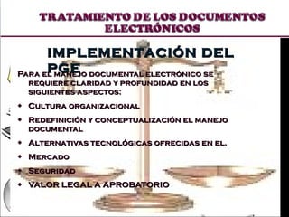 Para el manejo documental electrónico se  requiere claridad y profundidad en los siguientes aspectos: Cultura organizacional Redefinición y conceptualización el manejo documental Alternativas tecnológicas ofrecidas en el. Mercado Seguridad VALOR LEGAL A APROBATORIO IMPLEMENTACIÓN DEL PGE 