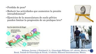  Perdida de peso*
 Reducir las actividades que aumenten la presión
intraabdominal*
 Ejercicios de la musculatura de suelo pélvico
pueden limitar la progresión de un prolapso leve*
Berek, Tratado de Ginecología de Novak, 14 edición, Editorial Interamericana. México,
Hellamn, Leveno, y Pritchard J. A., Ginecología Williams, 23ª. edición, México, 2011.
 