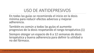 USO DE ANTIDEPRESIVOS
En todas las guías se recomienda el inicio en la dosis
mínima para reducir efectos adversos y mejorar
adherencia.
También es común a todas las guías el aumento
progresivo de la dosis respetando el rango terapéutico.(1)
Siempre otorgar un espacio de 6 a 12 semanas de dosis
terapéutica y buena adherencia para definir la utilidad o
no del fármaco.
(1) Systematic Review and Meta-Analysis: Dose-Response Relationship of Selective Serotonin Reuptake Inhibitors in Major Depressive Disorder. Jakubovski E, Varigonda AL, Freemantle N, Taylor MJ, Bloch
MH Am J Psychiatry. 2016;173(2):174. Epub 2015 Nov 10
 