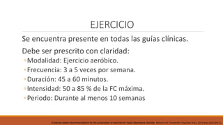 EJERCICIO
Se encuentra presente en todas las guías clínicas.
Debe ser prescrito con claridad:
◦Modalidad: Ejercicio aeróbico.
◦Frecuencia: 3 a 5 veces por semana.
◦Duración: 45 a 60 minutos.
◦Intensidad: 50 a 85 % de la FC máxima.
◦Periodo: Durante al menos 10 semanas
Evidence-based recommendations for the prescription of exercise for major depressive disorder. Rethorst CD, Trivedi MH J Psychiatr Pract. 2013 May;19(3):204-12
 