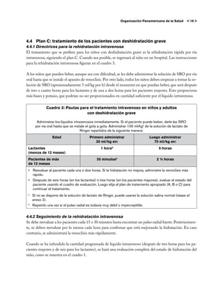 Organización Panamericana de la Salud       < 19 >




4.4	 Plan C: tratamiento de los pacientes con deshidratación grave
4.4.1	Directrices para la rehidratación intravenosa
El tratamiento que se prefiere para los niños con deshidratación grave es la rehidratación rápida por vía
intravenosa, siguiendo el plan C. Cuando sea posible, se ingresará al niño en un hospital. Las instrucciones
para la rehidratación intravenosa figuran en el cuadro 3.

A los niños que pueden beber, aunque sea con dificultad, se les debe administrar la solución de SRO por vía
oral hasta que se instale el aparato de venoclisis. Por otro lado, todos los niños deben empezar a tomar la so-
lución de SRO (aproximadamente 5 ml/kg por h) desde el momento en que puedan beber, que será después
de tres o cuatro horas para los lactantes y de una a dos horas para los pacientes mayores. Esto proporciona
más bases y potasio, que podrían no ser proporcionados en cantidad suficiente por el líquido intravenoso.

             Cuadro 3: Pautas para el tratamiento intravenoso en niños y adultos
                                 con deshidratación grave

      Administrar los líquidos intravenosos inmediatamente. Si el paciente puede beber, darle las SRO
     por vía oral hasta que se instale el gota a gota. Administrar 100 ml/kga de la solución de lactato de
                                    Ringer repartidos de la siguiente manera:
                Edad                     Primero administrar                    Luego administrar
                                            30 ml/kg en:                          70 ml/kg en:
 Lactantes                                      1 horab                               5 horas
 (menos de 12 meses)
 Pacientes de más                            30 minutosb                             2 ½ horas
 de 12 meses
 •	 Reevaluar al paciente cada una o dos horas. Si la hidratación no mejora, administre la venoclisis más
    rápido.
 •	 Después de seis horas (en los lactantes) o tres horas (en los pacientes mayores), evaluar el estado del
    paciente usando el cuadro de evaluación. Luego elija el plan de tratamiento apropiado (A, B o C) para
    continuar el tratamiento.
 a
   	 Si no se dispone de la solución de lactato de Ringer, puede usarse la solución salina normal (véase el
     anexo 2).
 b
   	 Repetirlo una vez si el pulso radial es todavía muy débil o imperceptible.


4.4.2 Seguimiento de la rehidratación intravenosa
Se debe reevaluar a los pacientes cada 15 o 30 minutos hasta encontrar un pulso radial fuerte. Posteriormen-
te, se deben reevaluar por lo menos cada hora para confirmar que está mejorando la hidratación. En caso
contrario, se administrará la venoclisis más rápidamente.

Cuando se ha infundido la cantidad programada de líquido intravenoso (después de tres horas para los pa-
cientes mayores y de seis para los lactantes), se hará una evaluación completa del estado de hidratación del
niño, como se muestra en el cuadro 1.
 