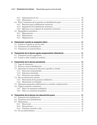 < vi >     Tratamiento de la diarrea – Manual clínico para los servicios de salud




		 4.3.7 	 Administración de cinc . ............................................................................................	          18
		 4.3.8 	 Alimentación .............................................................................................................	     18
	 4.4 	 Plan C: tratamiento de los pacientes con deshidratación grave ..........................................	                          19
		 4.4.1 	 Directrices para la rehidratación intravenosa .............................................................	                    19
		 4.4.2 	 Seguimiento de la rehidratación intravenosa .............................................................	                      19
		 4.4.3 	 Qué hacer si no se dispones de tratamiento intravenoso ...........................................	                             20
	 4.5 	 Desequilibrios electrolíticos . ..............................................................................................	    21
		 4.5.1 	 Hipernatriemia ..........................................................................................................	      21
		 4.5.2 	 Hiponatriemia ...........................................................................................................	      21
		 4.5.3 	 Hipopotasiemia .........................................................................................................	       21

5. 	   Tratamiento cuando se sospecha cólera .................................................................................	 23
	      5.1 	 Cuándo se sospecha un caso de cólera ...............................................................................	 23
	      5.2 	 Tratamiento de la deshidratación .......................................................................................	 23
	      5.3 	 Tratamiento con antimicrobianos . .....................................................................................	 24

6. 	 Tratamiento de la diarrea aguda sanguinolenta (disentería) . .......................................	 25
	    6.1 	 Tratamiento inicial y seguimiento ......................................................................................	 25
	 6.2 	 Cuándo se debe considerar la amibiasis...............................................................................	 27

7. 	 Tratamiento de la diarrea persistente ......................................................................................	 29
	    7.1 	 Lugar de tratamiento . ........................................................................................................	 29
	 7.2 	 Prevenir y tratar la deshidratación ......................................................................................	 30
	 7.3 	 Determinar la existencia de infecciones específicas y tratarlas ............................................	 30
		 7.3.1 	 Infecciones extraintestinales.......................................................................................	 30
		 7.3.2 	 Infecciones intestinales ..............................................................................................	 30
		 7.3.3 	 Infecciones nosocomiales. ..........................................................................................	 31
                                               .
	 7.4 	 Dar una alimentación nutritiva . .........................................................................................	 31
		 7.4.1 	 Alimentación de los pacientes ambulatorios . ............................................................	 31
		 7.4.2 	 Alimentación en el hospital .......................................................................................	 31
	 7.5 	 Administrar preparados multivitamínicos y minerales complementarios ...........................	 32
	 7.6 	 Vigilar la respuesta a tratamiento .......................................................................................	 33
		 7.6.1 	 Niños con tratamiento ambulatorio . .........................................................................	 33
		 7.6.2 	 Niños con tratamiento hospitalario ...........................................................................	 33

8. 	 Tratamiento de la diarrea con desnutrición grave ..............................................................	 35
	 8.1 	 Evaluación de la deshidratación .........................................................................................	 35
	 8.2 	 Tratamiento de la deshidratación .......................................................................................	 36
	 8.3 	 Alimentación.......................................................................................................................	 36
		 8.3.1 	 Dieta inicial................................................................................................................	 36
		 8.3.2 	 Dieta posterior...........................................................................................................	 37
                                .
		 8.3.3 	 Vitaminas, minerales y sales.......................................................................................	 37
	 8.4 	 Uso de antimicrobianos ......................................................................................................	 37
 