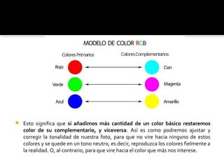  Esto significa que si añadimos más cantidad de un color básico restaremos
color de su complementario, y viceversa. Así es como podremos ajustar y
corregir la tonalidad de nuestra foto, para que no vire hacia ninguno de estos
colores y se quede en un tono neutro, es decir, reproduzca los colores fielmente a
la realidad. O, al contrario, para que vire hacia el color que más nos interese.
 