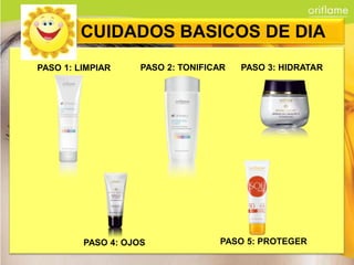 CUIDADOS BASICOS DE DIA
PASO 1: LIMPIAR     PASO 2: TONIFICAR   PASO 3: HIDRATAR




                          P




         PASO 4: OJOS              PASO 5: PROTEGER
 