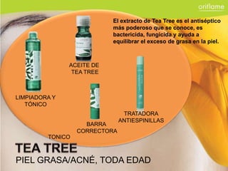 El extracto de Tea Tree es el antiséptico
                           más poderoso que se conoce, es
                           bactericida, fungicida y ayuda a
                           equilibrar el exceso de grasa en la piel.



               ACEITE DE
                TEA TREE



LIMPIADORA Y
   TÓNICO
                                TRATADORA
                               ANTIESPINILLAS
                    BARRA
                  CORRECTORA
         TONICO



PIEL GRASA/ACNÉ, TODA EDAD
 