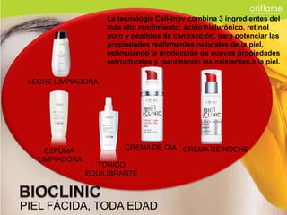 La tecnología Cell-Inov combina 3 ingredientes del
                     más alto rendimiento: ácido hialurónico, retinol
                     puro y péptidos de contracción, para potenciar las
                     propiedades reafirmantes naturales de la piel,
                     estimulando la producción de nuevas propiedades
                     estructurales y reanimando las existentes.a la piel.

 LECHE LIMPIADORA




     ESPUMA               CREMA DE DIA CREMA DE NOCHE
   LIMPIADORA
                  TONICO
                EQUILIBRANTE



PIEL FÁCIDA, TODA EDAD
 