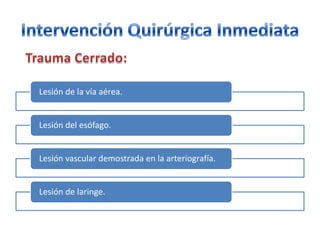 Lesión de la vía aérea.


Lesión del esófago.


Lesión vascular demostrada en la arteriografía.


Lesión de laringe.
 