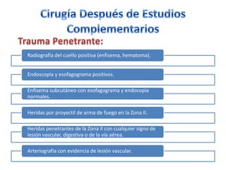Radiografía del cuello positiva (enfisema, hematoma).


Endoscopia y esofagograma positivos.

Enfisema subcutáneo con esofagograma y endocopia
normales.

Heridas por proyectil de arma de fuego en la Zona II.

Heridas penetrantes de la Zona II con cualquier signo de
lesión vascular, digestiva o de la vía aérea.

Arteriografía con evidencia de lesión vascular.
 
