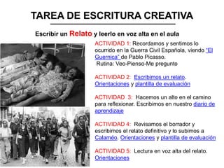TAREA DE ESCRITURA CREATIVA
Escribir un Relato y leerlo en voz alta en el aula
ACTIVIDAD 1: Recordamos y sentimos lo
ocurrido en la Guerra Civil Española, viendo “El
Guernica” de Pablo Picasso.
Rutina: Veo-Pienso-Me pregunto
ACTIVIDAD 2: Escribimos un relato.
Orientaciones y plantilla de evaluación
ACTIVIDAD 3: Hacemos un alto en el camino
para reflexionar. Escribimos en nuestro diario de
aprendizaje
ACTIVIDAD 4: Revisamos el borrador y
escribimos el relato definitivo y lo subimos a
Calaméo. Orientaciones y plantilla de evaluación
ACTIVIDAD 5: Lectura en voz alta del relato.
Orientaciones
 