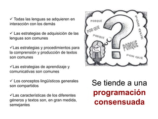  Todas las lenguas se adquieren en
interacción con los demás
 Las estrategias de adquisición de las
lenguas son comunes
Las estrategias y procedimientos para
la comprensión y producción de textos
son comunes
Las estrategias de aprendizaje y
comunicativas son comunes
 Los conceptos lingüísticos generales
son compartidos
Las características de los diferentes
géneros y textos son, en gran medida,
semejantes
Se tiende a una
programación
consensuada
 