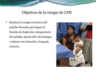 Objetivos de la cirugía de LPH

•   Realizar la cirugía correctiva del
    paladar fisurado para lograr la
    función de deglución, alargamiento
    del paladar, plastia del velo faríngeo
    y obtener una fonación y lenguaje
    correcto.
 