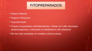 FITOPREPARADOS
• Sereno Repens
• Pygeum Africanum
• Hypoxisrooperi
• Poseen propiedades antiinflamatorias, inhiben la 5 alfa reductasa,
antiandrogenicos y bloquean el metabolismo del colesterol
• No han sido probadas en modelos clínicos serios
 