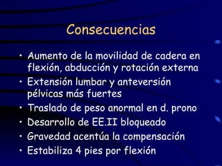 Consecuencias Aumento de la movilidad de cadera en flexión, abducción y rotación externa Extensión lumbar y anteversión pélvicas más fuertes Traslado de peso anormal en d. prono Desarrollo de EE.II bloqueado Gravedad acentúa la compensación Estabiliza 4 pies por flexión 