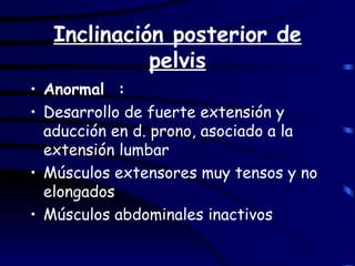 Inclinación posterior de pelvis Anormal  : Desarrollo de fuerte extensión y aducción en d. prono, asociado a la extensión lumbar Músculos extensores muy tensos y no elongados Músculos abdominales inactivos 