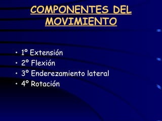 COMPONENTES DEL MOVIMIENTO 1º Extensión 2º Flexión 3º Enderezamiento lateral 4º Rotación 