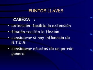 PUNTOS LLAVES CABEZA  : extensión  facilita la extensión flexión facilita la flexión considerar si hay influencia de R.T.C.S.  considerar efectos de un patrón general 