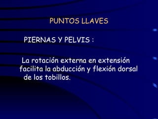 PUNTOS LLAVES PIERNAS Y PELVIS : La rotación externa en extensión facilita la abducción y flexión dorsal  de los tobillos.  