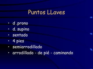 Puntos LLaves d .prono d. supino sentado 4 pies semiarrodillado arrodillado - de pié - caminando 