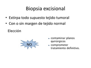 Biopsia excisional
• Extirpa todo supuesto tejido tumoral
• Con o sin margen de tejido normal
Elección

NO

contaminar planos
quirúrgicos
comprometer
tratamiento definitivo.

 