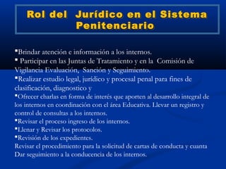 Rol del Jurídico en el Sistema
            Penitenciario

Brindar atención e información a los internos.
 Participar en las Juntas de Tratamiento y en la Comisión de
Vigilancia Evaluación, Sanción y Seguimiento.
Realizar estudio legal, jurídico y procesal penal para fines de
clasificación, diagnostico y
Ofrecer charlas en forma de interés que aporten al desarrollo integral de
los internos en coordinación con el área Educativa. Llevar un registro y
control de consultas a los internos.
Revisar el proceso ingreso de los internos.
Llenar y Revisar los protocolos.
Revisión de los expedientes.
Revisar el procedimiento para la solicitud de cartas de conducta y cuanta
Dar seguimiento a la conducencia de los internos.
 