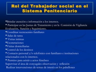 Rol del Tr abajador social en el
             Trabajador
         Sistema Penitenciario

Brindar atención e información a los internos.
 Participar en las Juntas de Tratamiento y en la Comisión de Vigilancia
Evaluación, Sanción y Seguimiento.
Coordinar reencuentro familiares
 Salas de tarea
 Visitas intimas
Exoneraciones
Visitas domiciliarias
Control de los destinos
 Contacto personal y/o telefónico con familiares e instituciones
relacionados con lo internos.
 Permiso para asistir a actos fúnebres
Supervisar el área de conyugales observación y reflexión
 Realizar intervenciones de temas de interés en los pabellones
 
 