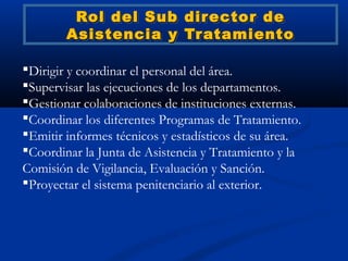 Rol del Sub director de
        Asistencia y Tratamiento

Dirigir y coordinar el personal del área.
Supervisar las ejecuciones de los departamentos.
Gestionar colaboraciones de instituciones externas.
Coordinar los diferentes Programas de Tratamiento.
Emitir informes técnicos y estadísticos de su área.
Coordinar la Junta de Asistencia y Tratamiento y la
Comisión de Vigilancia, Evaluación y Sanción.
Proyectar el sistema penitenciario al exterior.
 