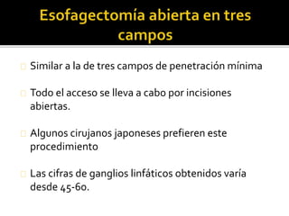 Similar a la de tres campos de penetración mínima 
Todo el acceso se lleva a cabo por incisiones 
abiertas. 
Algunos cirujanos japoneses prefieren este 
procedimiento 
Las cifras de ganglios linfáticos obtenidos varía 
desde 45-60. 
 