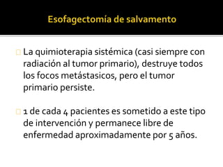 La quimioterapia sistémica (casi siempre con 
radiación al tumor primario), destruye todos 
los focos metástasicos, pero el tumor 
primario persiste. 
1 de cada 4 pacientes es sometido a este tipo 
de intervención y permanece libre de 
enfermedad aproximadamente por 5 años. 
