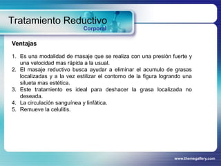 www.themegallery.com
Tratamiento Reductivo
Corporal
Ventajas
1. Es una modalidad de masaje que se realiza con una presión fuerte y
una velocidad mas rápida a la usual.
2. El masaje reductivo busca ayudar a eliminar el acumulo de grasas
localizadas y a la vez estilizar el contorno de la figura logrando una
silueta mas estética.
3. Este tratamiento es ideal para deshacer la grasa localizada no
deseada.
4. La circulación sanguínea y linfática.
5. Remueve la celulitis.
 