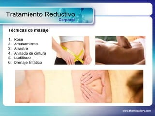 www.themegallery.com
Tratamiento Reductivo
Corporal
Técnicas de masaje
1. Rose
2. Amasamiento
3. Arrastre
4. Anillado de cintura
5. Nudillares
6. Drenaje linfatico
 
