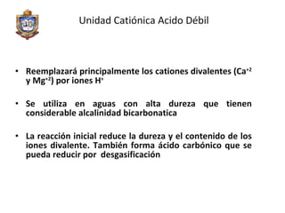 Unidad Catiónica Acido Débil Reemplazará principalmente los cationes divalentes (Ca +2  y Mg +2 ) por iones H + Se utiliza en aguas con alta dureza que tienen considerable alcalinidad bicarbonatica La reacción inicial reduce la dureza y el contenido de los iones divalente. También forma ácido carbónico que se pueda reducir por  desgasificación 
