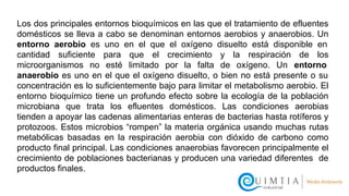 Los dos principales entornos bioquímicos en las que el tratamiento de efluentes
domésticos se lleva a cabo se denominan entornos aerobios y anaerobios. Un
entorno aerobio es uno en el que el oxígeno disuelto está disponible en
cantidad suficiente para que el crecimiento y la respiración de los
microorganismos no esté limitado por la falta de oxígeno. Un entorno
anaerobio es uno en el que el oxígeno disuelto, o bien no está presente o su
concentración es lo suficientemente bajo para limitar el metabolismo aerobio. El
entorno bioquímico tiene un profundo efecto sobre la ecología de la población
microbiana que trata los efluentes domésticos. Las condiciones aerobias
tienden a apoyar las cadenas alimentarias enteras de bacterias hasta rotíferos y
protozoos. Estos microbios “rompen” la materia orgánica usando muchas rutas
metabólicas basadas en la respiración aerobia con dióxido de carbono como
producto final principal. Las condiciones anaerobias favorecen principalmente el
crecimiento de poblaciones bacterianas y producen una variedad diferentes de
productos finales.
 