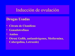 Inducción de ovulación Drogas Usadas Citrato de Clomifeno Gonadotrofinas Ambos Otros( GnRh, antiandrógenos, Metformina, Cabergolina, Letrozole) 