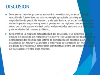 DISCUSION
Se observa como los procesos avanzados de oxidación, en este caso, la
reacción de fotofenton, es una tecnología apropiada para lograr la
degradación de pesticida Mertect, y de esta forma, alcanzar la disminución
de los impactos negativos que éste genera en las regiones donde se emplea
como pesticida para el control de las enfermedades en la corona, del cuello
y de los dedos del banano y plátano.
Se identifica la mediana fotoactividad del pesticida, y se evidencia que el
empleo de peróxido de hidrógeno y el hierro (III) favorecen las reacciones de
degradación del mismo; esto último se comprueba de acuerdo al análisis
estadístico del ANOVA y las medias e intervalos de confianza del 95% de LSD,
en donde se encuentran diferencias significativas entre los diferentes niveles
de los factores y entre ellos mismos.


 