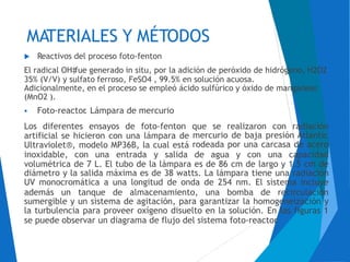MATERIALES Y MÉTODOS
 Reactivos del proceso foto-fenton
El radical OH‡fue generado in situ, por la adición de peróxido de hidrógeno, H2O2
35% (V/V) y sulfato ferroso, FeSO4 , 99.5% en solución acuosa.
Adicionalmente, en el proceso se empleó ácido sulfúrico y óxido de manganeso
(MnO2 ).
 Foto-reactor. Lámpara de mercurio
Los diferentes ensayos de foto-fenton que se realizaron con radiación
artificial se hicieron con una lámpara de
Ultraviolet®, modelo MP36B, la cual está
mercurio de
rodeada por
baja presión Atlantic
una carcasa de acero
inoxidable, con una entrada y salida de agua y con una capacidad
volumétrica de 7 L. El tubo de la lámpara es de 86 cm de largo y 1.5 cm de
diámetro y la salida máxima es de 38 watts.
UV monocromática a una longitud de onda
La lámpara tiene una radiación
de 254 nm. El sistema incluye
además un tanque de almacenamiento, una bomba de recirculación
sumergible y un sistema de agitación, para garantizar la homogeneización y
la turbulencia para proveer oxígeno disuelto en la solución. En las figuras 1
se puede observar un diagrama de flujo del sistema foto-reactor.
 
