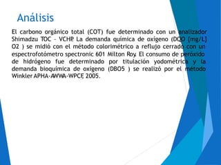 Análisis
El carbono orgánico total (COT) fue determinado con un analizador
Shimadzu TOC – VCHP. La demanda química de oxígeno (DQO [mg/L]
O2 ) se midió con el método colorimétrico a reflujo cerrado con un
espectrofotómetro spectronic 601 Milton Roy. El consumo de peróxido
de hidrógeno fue determinado por titulación yodométrica y la
demanda bioquímica de oxígeno
Winkler APHA-AWWA-WPCF, 2005.
(DBO5 ) se realizó por el método
 