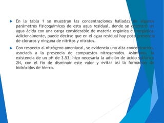 En la tabla 1 se muestran las concentraciones halladas de algunos
parámetros fisicoquímicos de esta agua residual, donde se encontró un
agua ácida con una carga considerable de materia orgánica e inorgánica.
Adicionalmente, puede decirse que en el agua residual hay poca presencia
de cloruros y ninguna de nitritos y nitratos.
Con respecto al nitrógeno amoniacal, se evidencia una alta concentración,
asociada a la presencia de compuestos nitrogenados. Asimismo, la
existencia de un pH de 3.53, hizo necesaria
2N, con el fin de disminuir este valor y
hidróxidos de hierro.
la adición de ácido sulfúrico
evitar así la formación de
 