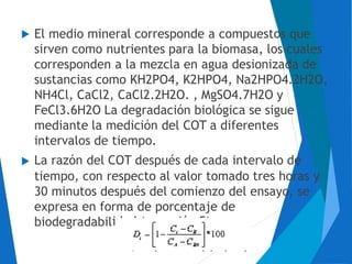 idad (ecuación 5).
El medio mineral corresponde a compuestos que
sirven como nutrientes para la biomasa, los cuales
corresponden a la mezcla en agua desionizada de
sustancias como KH2PO4, K2HPO4, Na2HPO4.2H2O,
NH4Cl, CaCl2, CaCl2.2H2O. , MgSO4.7H2O y
FeCl3.6H2O La degradación biológica se sigue
mediante la medición del COT a diferentes
intervalos de tiempo.
La razón del COT después de cada intervalo de


tiempo, con respecto al valor tomado tres horas
30 minutos después del comienzo del ensayo, se
expresa en forma de porcentaje de
biodegradabil
y
 