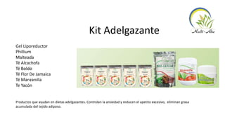 Kit Adelgazante
Gel Liporeductor
Phillium
Malteada
Té Alcachofa
Té Boldo
Té Flor De Jamaica
Té Manzanilla
Te Yacón
Productos que ayudan en dietas adelgazantes. Controlan la ansiedad y reducen el apetito excesivo, eliminan grasa
acumulada del tejido adiposo.
 
