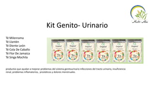 Kit Genito- Urinario
Té Milenrama
Té Llantén
Té Diente León
Té Cola De Caballo
Té Flor De Jamaica
Té Singa Mochila
productos que ayudan a mejorar problemas del sistema genitourinario infecciones del tracto urinario, insuficiencia
renal, problemas inflamatorios, prostáticos y dolores menstruales.
 