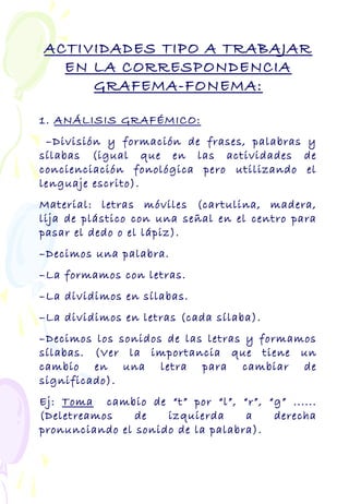 ACTIVIDADES TIPO A TRABAJAR
EN LA CORRESPONDENCIA
GRAFEMA-FONEMA:
1. ANÁLISIS GRAFÉMICO:
–División y formación de frases, palabras y
sílabas (igual que en las actividades de
concienciación fonológica pero utilizando el
lenguaje escrito).
Material: letras móviles (cartulina, madera,
lija de plástico con una señal en el centro para
pasar el dedo o el lápiz).
–Decimos una palabra.
–La formamos con letras.
–La dividimos en sílabas.
–La dividimos en letras (cada sílaba).
–Decimos los sonidos de las letras y formamos
sílabas. (Ver la importancia que tiene un
cambio en una letra para cambiar de
significado).
Ej: Toma cambio de “t” por “l”, “r”, “g” ......
(Deletreamos de izquierda a derecha
pronunciando el sonido de la palabra).
 