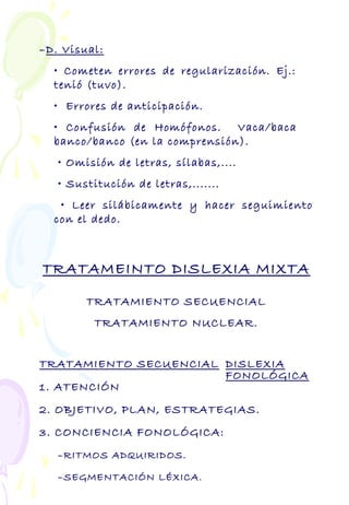 –D. Visual:
• Cometen errores de regularización. Ej.:
tenió (tuvo).
• Errores de anticipación.
• Confusión de Homófonos. Vaca/baca
banco/banco (en la comprensión).
• Omisión de letras, sílabas,....
• Sustitución de letras,.......
• Leer silábicamente y hacer seguimiento
con el dedo.
TRATAMEINTO DISLEXIA MIXTA
TRATAMIENTO SECUENCIAL
TRATAMIENTO NUCLEAR.
TRATAMIENTO SECUENCIAL DISLEXIA
FONOLÓGICA
1. ATENCIÓN
2. OBJETIVO, PLAN, ESTRATEGIAS.
3. CONCIENCIA FONOLÓGICA:
–RITMOS ADQUIRIDOS.
–SEGMENTACIÓN LÉXICA.
 
