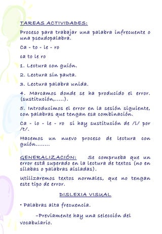 TAREAS ACTIVIDADES:
Proceso para trabajar una palabra infrecuente o
una pseudopalabra.
Ca - to - le - ro
ca to le ro
1. Lectura con guión.
2. Lectura sin pauta.
3. Lectura palabra unida.
4. Marcamos donde se ha producido el error.
(sustitución,.....).
5. Introducimos el error en la sesión siguiente,
con palabras que tengan esa combinación.
Ca - lo - le - ro si hay sustitución de /l/ por
/t/.
Hacemos un nuevo proceso de lectura con
guión........
GENERALIZACIÓN: Se comprueba que un
error está superado en la lectura de textos (no en
sílabas o palabras aisladas).
Utilizaremos textos normales, que no tengan
este tipo de error.
DISLEXIA VISUAL
• Palabras alta frecuencia.
–Previamente hay una selección del
vocabulario.
 