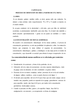 19
CAPITULO II.
PROCESO DE OBTENCION DE ORO A PARTIR DE UNA MENA
2.1.ORO:
Es un elemento químico metálico noble, es decir, apenas sufre una oxidación. Su
número y masa atómica valen respectivamente 79 y 197 u. Y cuando se muestra en
el estado oxidado.
Es un gran conductor de la electricidad y del calor, pero por falta de viabilidad
económica es prácticamente inutilizable para estos fines. Es el metal más maleable y
dúctil conocido: aproximadamente 1 gramo de oro puede ser enrollado a 1 metro
cuadrado.
2.2.CONCENTRACIÓN DE MENAS AURÍFERAS:
De acuerdo a la caracterización mineralógica de las menas auríferas, el proceso de
concentración gravimétrica es solo una posibilidad de aplicación a ellas. Los minerales
básicos que componen la mena definen el esquema de procesamiento. La
caracterización mineralógica, química y metalúrgica es una etapa previa al estudio de
concentración, cuyo desarrollo es esencial para obtener la mayor recuperación de oro.
La concentraciónde menas auríferas se ve afectada, por contextos
como:
 Granulometría de ocurrencia y forma de las partículas de oro.
 Liberación del oro y tipos de asociaciones con otras especies mineralógicas, tanto
de ganga como de elementos de valor constituidos en granos mixtos.
 Presencia de oro en menas complejas, incluso presencia de oro en la red cristalina
de algunos sulfuros metálicos, como se puede observar en la figura 1.
 El elevado peso específico del oro (19,32 g/cc) hace que este metal, aunque esté en
tamaños muy pequeños, pueda ser separado de su ganga, generalmente cuarzosa de
peso específico mucho más bajo (2,65 g/cc), por medio de la concentración
gravimétrica desde pulpas acuosas.
 Cuando se presenta oro libre, grueso y de superficie limpia, hace fácil la
amalgamación con mercurio y su recuperación en forma de amalgama.
 
