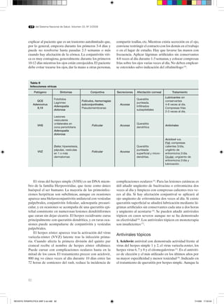 82
del Sistema Nacional de Salud. Volumen 33, Nº 3/2009
explicar al paciente que es un trastorno autolimitado que,
por lo general, empeora durante los primeros 3-4 días y
puede no resolverse hasta pasadas 2-3 semanas o más
cuando hay afectación de la córnea. La conjuntivitis víri-
ca es muy contagiosa, generalmente durante los primeros
10-12 días mientras los ojos están enrojecidos.El paciente
debe evitar tocarse los ojos, dar la mano a otras personas,
compartir toallas, etc. Mientras exista secreción en el ojo,
conviene restringir el contacto con los demás en el trabajo
o en el lugar de estudio. Hay que lavarse las manos con
frecuencia. Aplicar lágrimas artificiales sin conservantes
4-8 veces al día durante 1-3 semanas, y colocar compresas
frías sobre los ojos varias veces al día. No deben emplear-
se esteroides salvo indicación del oftalmólogo(4)
.
Tabla II
Infecciones víricas
Patógeno Síntomas Conjuntiva Secreciones Afectación corneal Tratamiento
QCE
Adenovirus
8,19
Fotofobia
Lagrimeo
Adenopatía
dolorosa
Folículos, hemorragias
subconjuntivales.
Pseudomembranas
Acuosa
Queratitis
punteada.
Infiltrados
subepiteliales
Lubricantes sin
conservantes
4-8 veces al día.
Compresas frías
2-3 veces al día.
VHS
Lesiones
vesiculares
unilaterales en
zona periorbitaria
Adenopatía
dolorosa
Folicular Acuosa
Queratitis
dendrítica
Antivírales
VVZ
Dolor, hiperestesia,
pápulas, vesículas
en 1 o más
dermatomas
Folicular Acuosa
Queratitis
punteada
superficial y micro-
dendritas.
Aciclovir v.o.
Piel: compresas
calientes 3/día,
ungënto de
eritromicina 2/día.
Ocular: ungüento de
eritromicina 2/día y
lubricación.
El virus del herpes simple (VHS) es un DNA miem-
bro de la familia Herpesviridae, que tiene como único
huésped el ser humano. La mayoría de las primoinfec-
ciones herpéticas son subclínicas, aunque en ocasiones
aparece una blefaroconjuntivitis unilateral con vesículas
palpebrales, conjuntivitis folicular, adenopatía preauri-
cular, y en ocasiones se acompaña de una queratitis epi-
telial consistente en numerosas lesiones dendritiformes
que curan sin dejar cicatriz. El herpes recidivante cursa
principalmente con queratitis dendrítica, y en raras oca-
siones puede acompañarse de conjuntivitis y vesículas
palpebrales.
El herpes zóster aparece tras la activación del virus
varicela-zóster (VVZ) latente tras la infección prima-
ria. Cuando afecta la primera división del quinto par
craneal recibe el nombre de herpes zóster oftálmico.
Puede cursar con complicaciones oculares hasta en la
mitad de los casos. El tratamiento precoz con aciclovir,
800 mg vo cinco veces al día durante 10 días entre las
72 horas de comienzo del rash, reduce la incidencia de
complicaciones oculares(5)
. Para las lesiones cutáneas es
útil añadir ungüento de bacitracina o eritromicina dos
veces al día y limpieza con compresas calientes tres ve-
ces al día. Si hay afectación conjuntival se aplicará al
ojo ungüento de eritromicina dos veces al día. Si existe
queratitis superficial se añadirá lubricación mediante lá-
grimas artificiales sin conservantes cada una a dos horas
y ungüento al acostarse (4)
. Se pueden añadir antivirales
tópicos en casos severos aunque no se ha demostrado
su efectividad(6)
. Los antivirales tópicos en monoterapia
son insuficientes(7)
.
Antivirales tópicos
1. Aciclovir: antiviral con demostrada actividad frente al
virus del herpes simple 1 y 2, el virus varicela-zoster, los
herpes virus 6, 7 y 8 y el citomegalovirus(3)
. Es el antivíri-
co de elección y el más utilizado en los últimos años por
su mayor especificidad y menor toxicidad(8)
. Indicado en
el tratamiento de queratitis por herpes simple. Aunque la
REVISTA TERAPEUTICA 33Nº 3 ok.in82 82 7/10/09 17:33:43
 